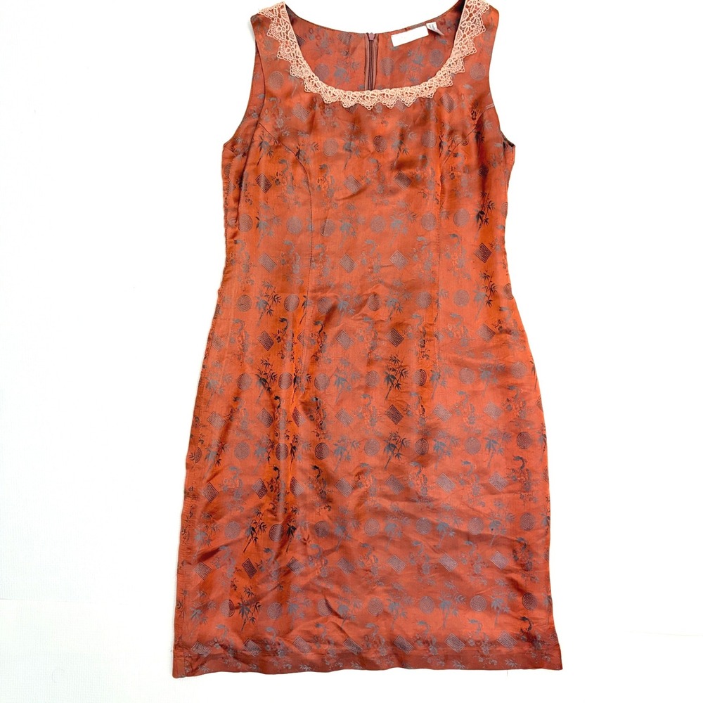 Pearl Vintage Sheath Dress Jacquard Satin Lace Trim Orange Small